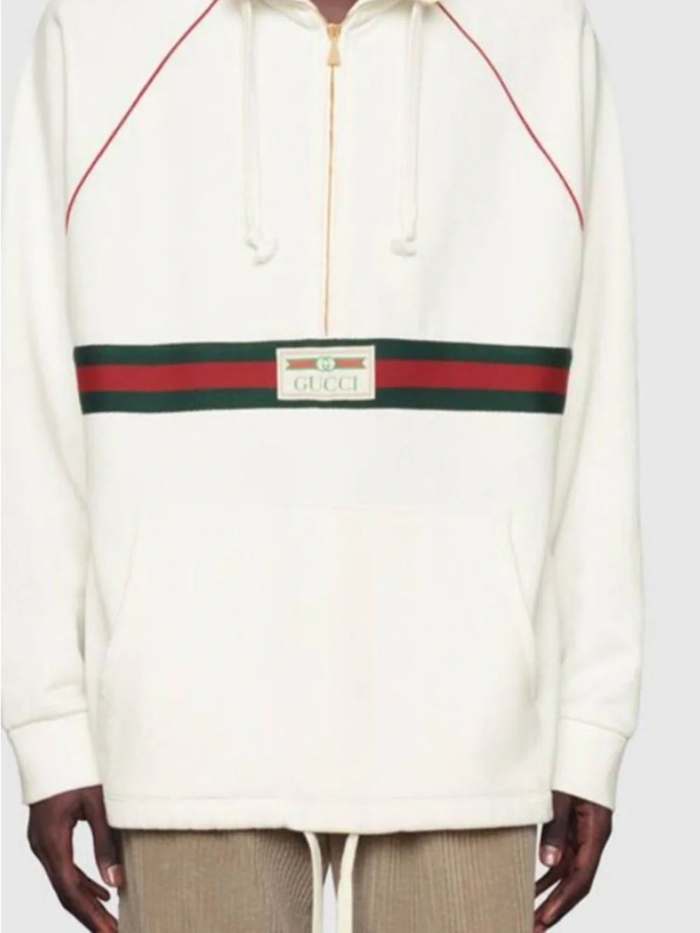 Men's Gucci cotton half zip hoodie signature green/red web trim gold size XXL